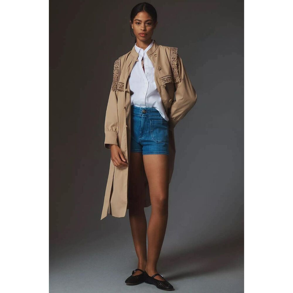 Anthropologie Beige Trench Coat with Embroidered Yoke